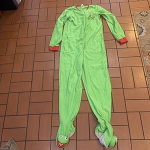 Kermit The Frog Adult Unionsuit Pajamas Halloween Costume Muppets Fleece Medium